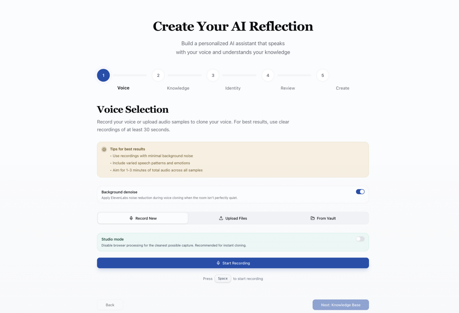 Reflection creation dashboard showing voice cloning and knowledge training interface