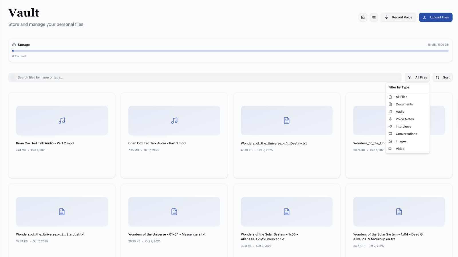 Secure vault interface with organized files, tags, and verification badges